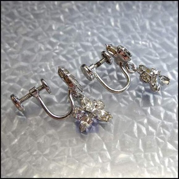 1950s Petite Crystal Sterling Flower Dangle Vintage Earrings - Picture 6 of 6